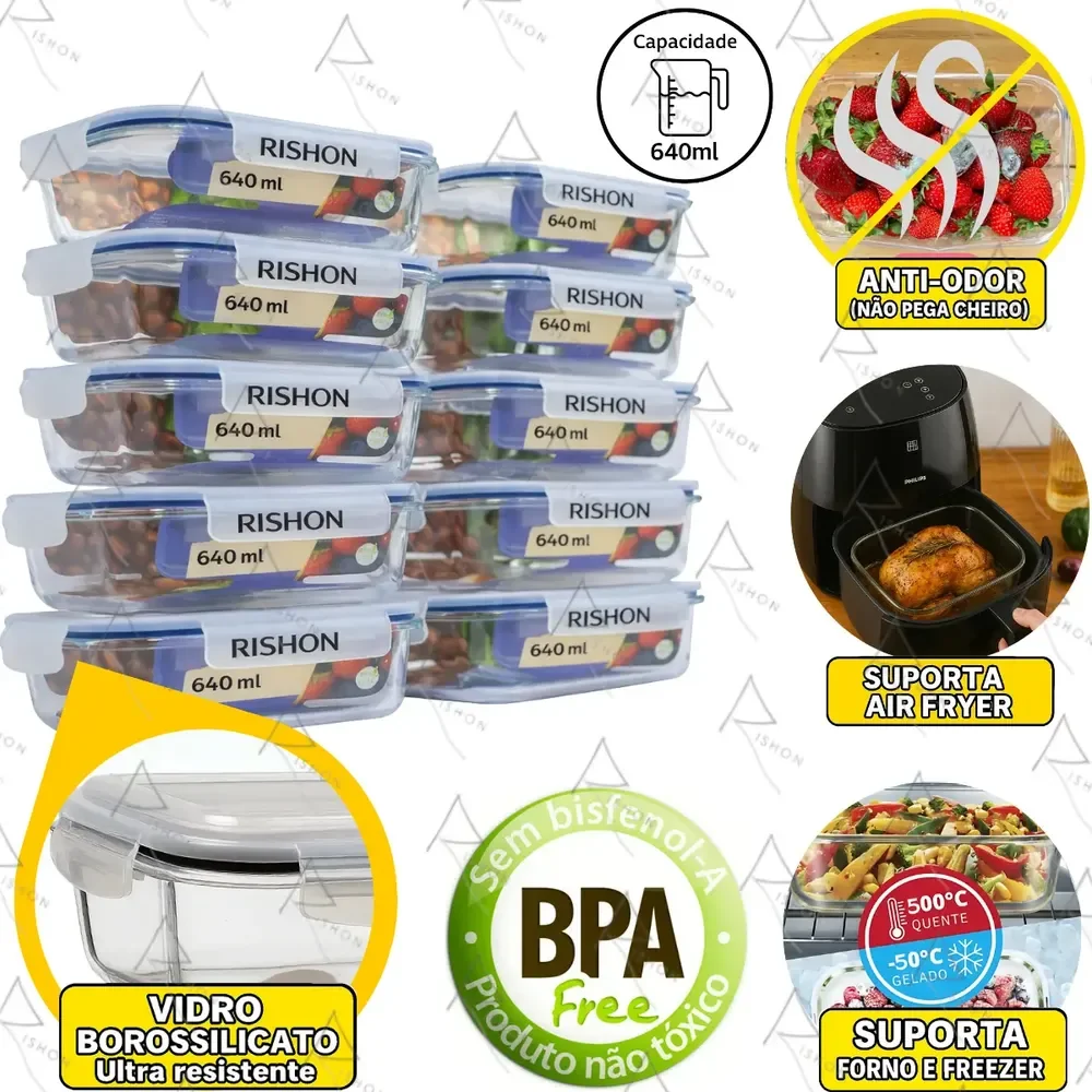 Kit 10 Pote De Vidro Marmita Hermético 640ml Freezer Fitness Rishon Azul-escuro