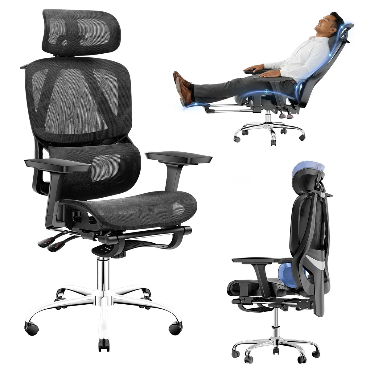 Cadeira de Escritório Ergonômica com Apoio para os Pés, Encosto Reclinável 145°, Apoios de Braço 3D Ajustáveis, Apoio de Cabeça e Lombar Ajustáveis, Mesh Transpirável, Cadeira para Home Office