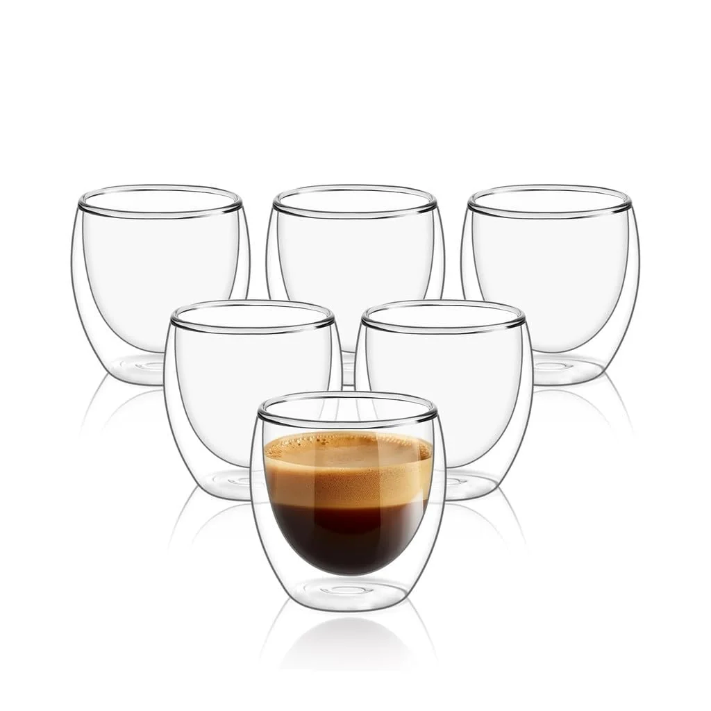 Conjunto com 6 Xícaras de 80ml Vidropara Café de Parede Dupla, Feito de Vidro Borossilicato - Kit de Xícaras para Chá, Café e Bebidas Quentes- Presente Elegante