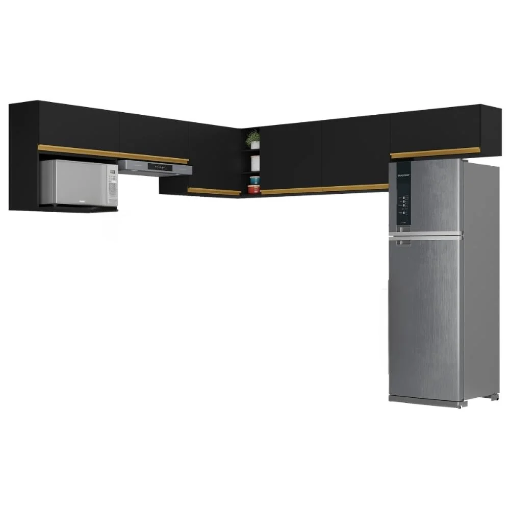 Kit Armário Cozinha Modulada Aéreo Canto 230cm 6 Peças Veneza Multimóveis Mp2296 Preto/dourado